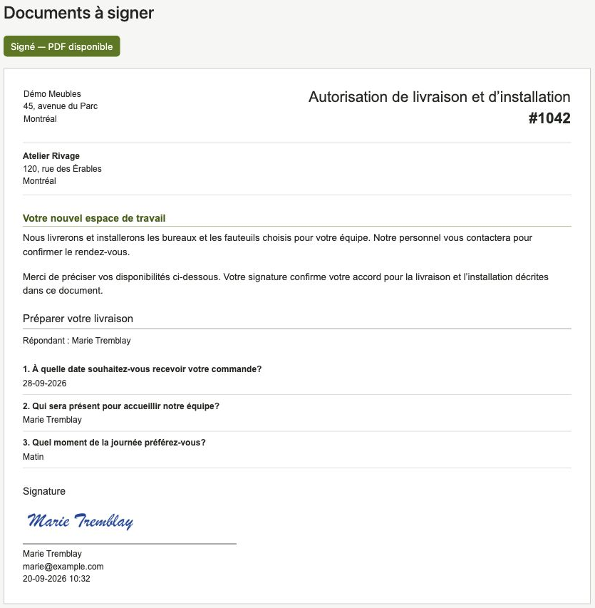 Portal document with answers, signature and date, shown in French